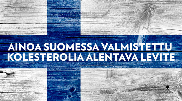 Suomen lippu joka mainitsee ainoasta Suomessa valmistetusta kolesteria alentavasta levitteestä